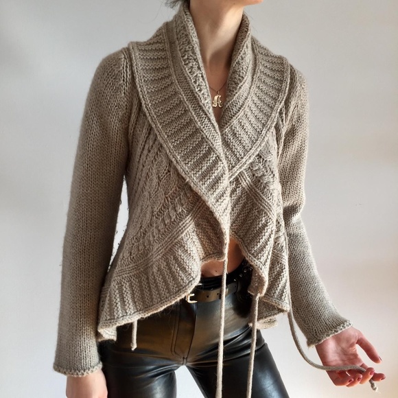 Bianco & Blu Wrap Cable Knit Wool/Alpaca Blend Sweater Cardigan ~ M - Picture 3 of 4